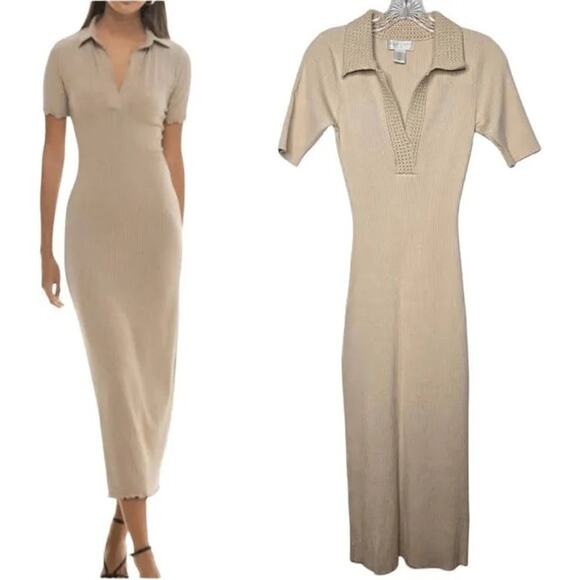 Caroline Constas REVOLVE Ribbed Knit Crochet Cream V-Neck Midi Dress Size XS - Picture 1 of 8